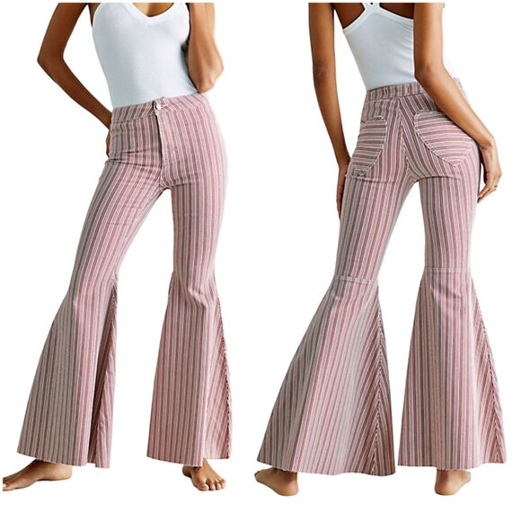 Free People Be Mine Denim Flare Jeans size 27 red white stripe heart We the Free - Picture 1 of 11